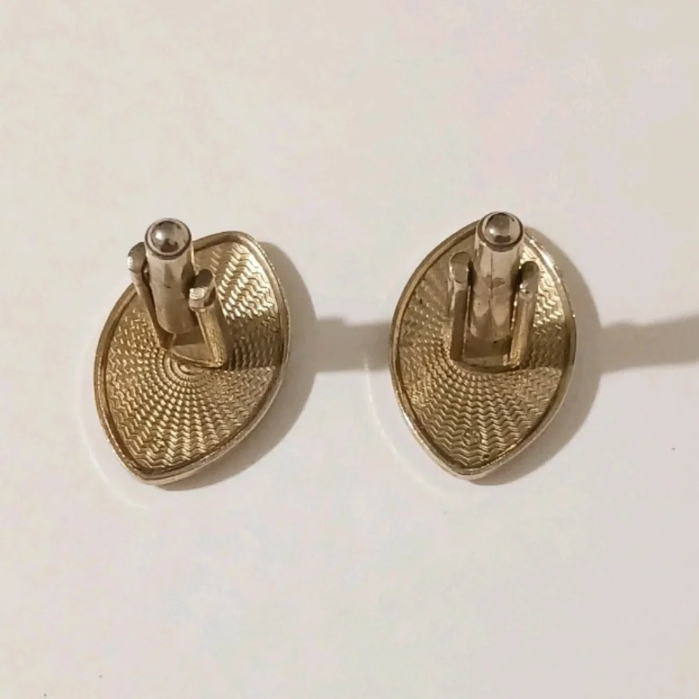 VTG Gold Tone Etched Navette Cufflinks, Atomic Space Age Modernist Diamond-Cut